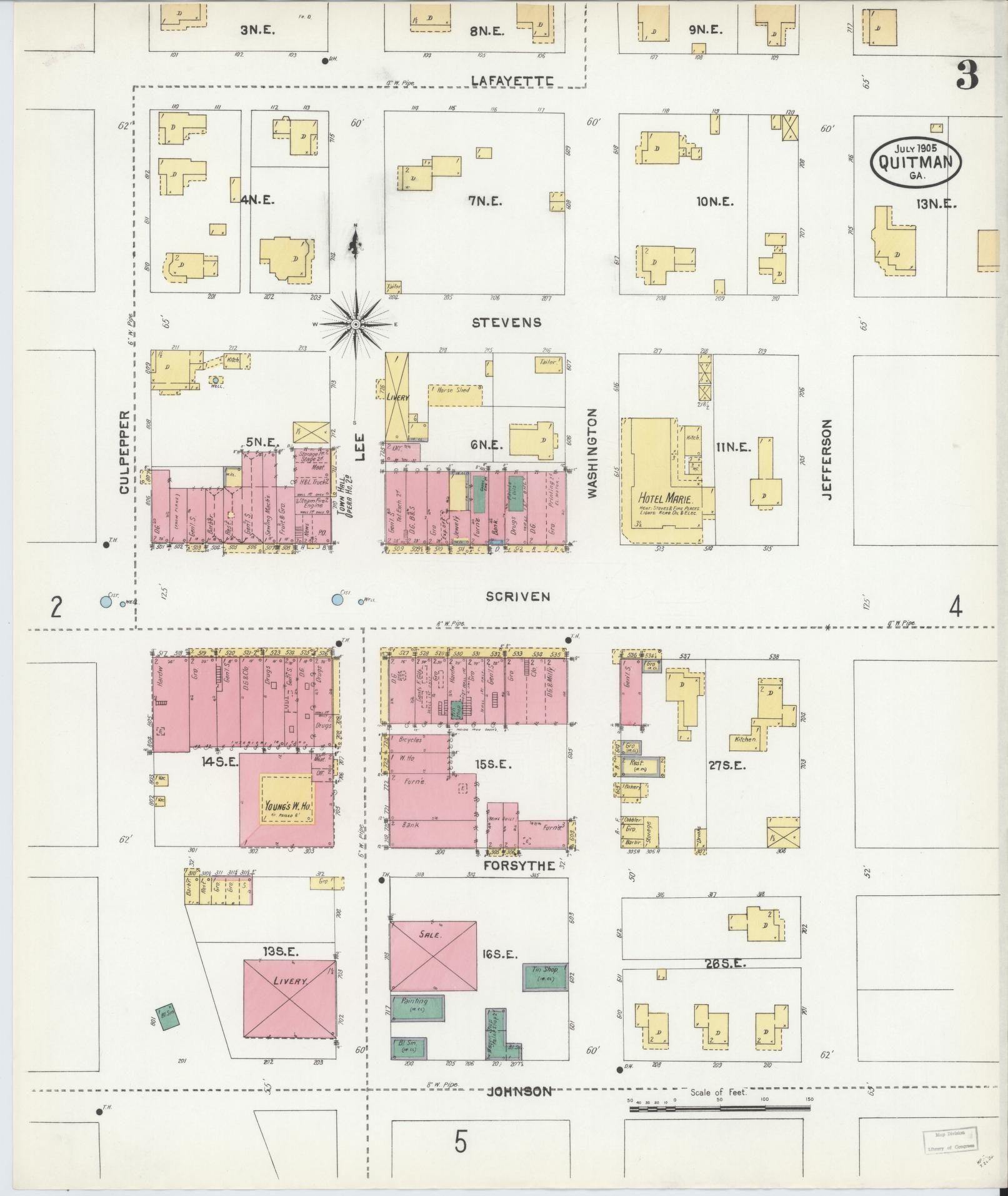 Sanborn Fire Insurance Map from Quitman, Brooks County, Georgia (1905), Sheet #0003 - Complete Map Set gallery image, historic Sanborn map, vintage wall art, Georgia Georgia