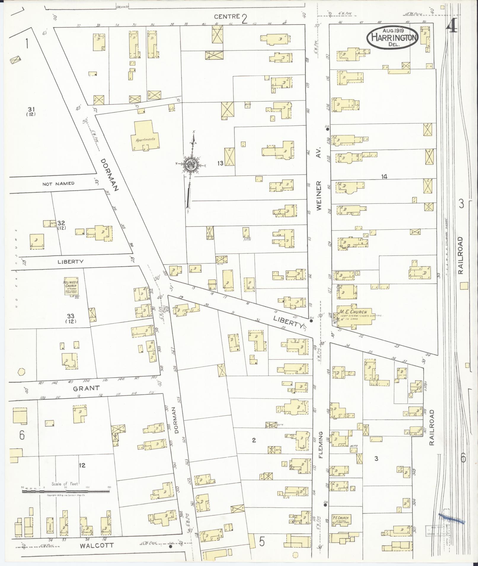 Sanborn Fire Insurance Map from Harrington, Kent County, Delaware (1919), Sheet #0004 - Complete Map Set gallery image, historic Sanborn map, vintage wall art, Delaware Delaware