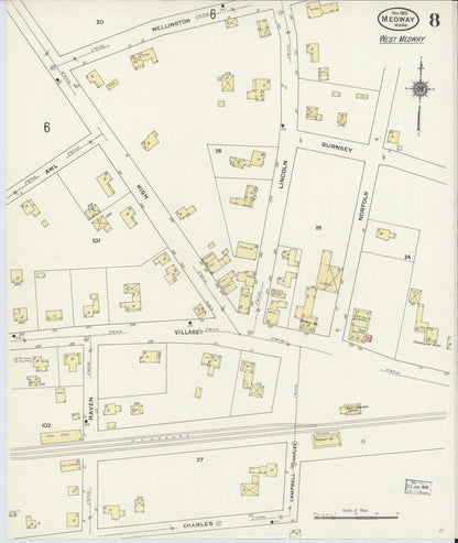 Sanborn Fire Insurance Map from Medway, Norfolk County, Massachusetts (1910), Sheet #0008 - Historic Sanborn Fire Insurance Map Print, vintage old map wall art, antique decor, genealogy gift, Massachusetts Massachusetts map