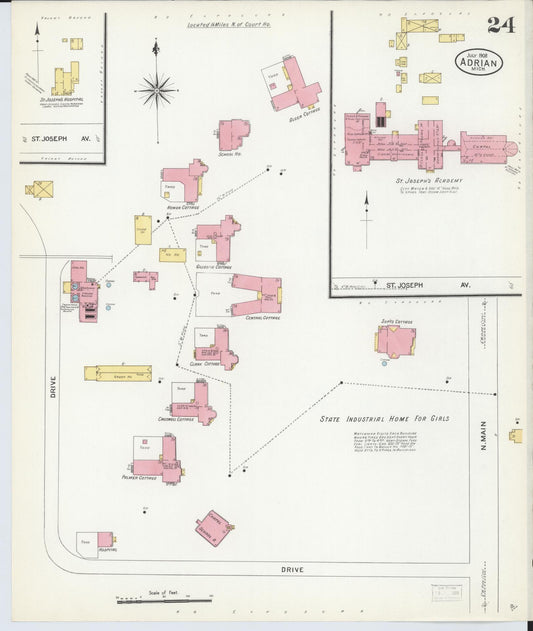 Sanborn Fire Insurance Map from Adrian, Lenawee County, Michigan (1908), Sheet #0024 - Historic Sanborn Fire Insurance Map Print, vintage old map wall art, antique decor, genealogy gift, Michigan Michigan map