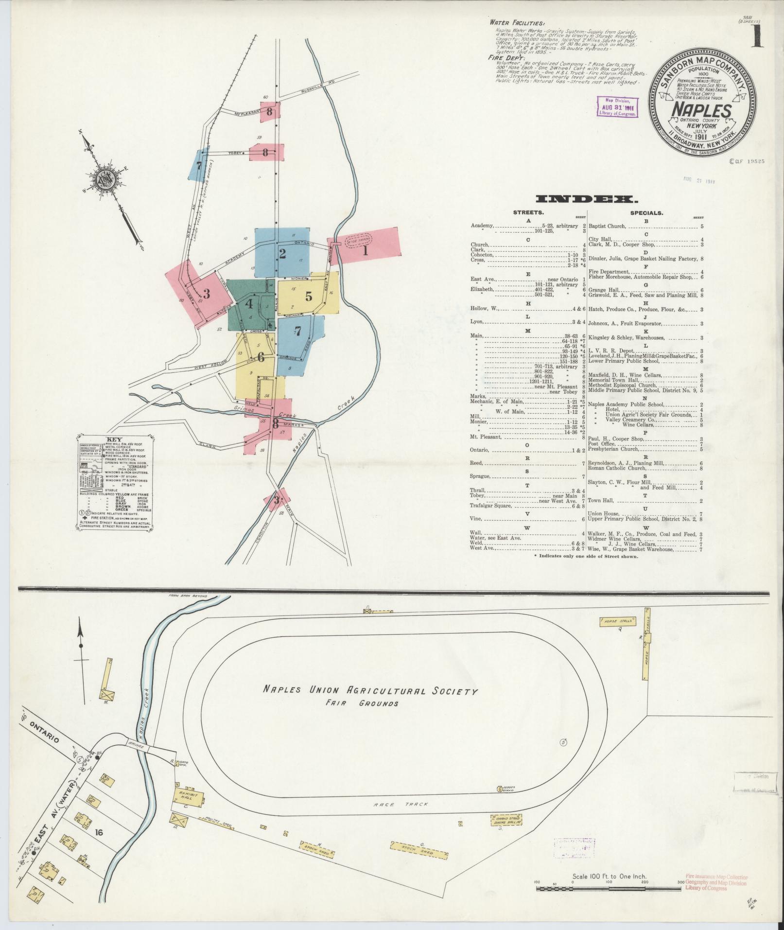 Sanborn Fire Insurance Map from Naples, Ontario County, New York (1911), Sheet #0001 - Complete Map Set gallery image, historic Sanborn map, vintage wall art, New York New York
