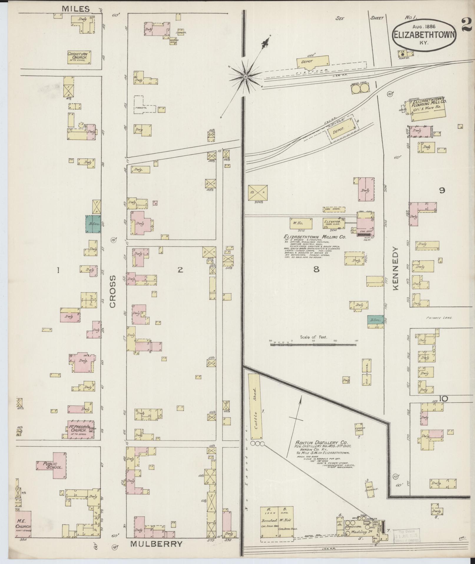 Sanborn Fire Insurance Map from Elizabethtown, Hardin County, Kentucky (1886), Sheet #0002 - Complete Map Set gallery image, historic Sanborn map, vintage wall art, Kentucky Kentucky