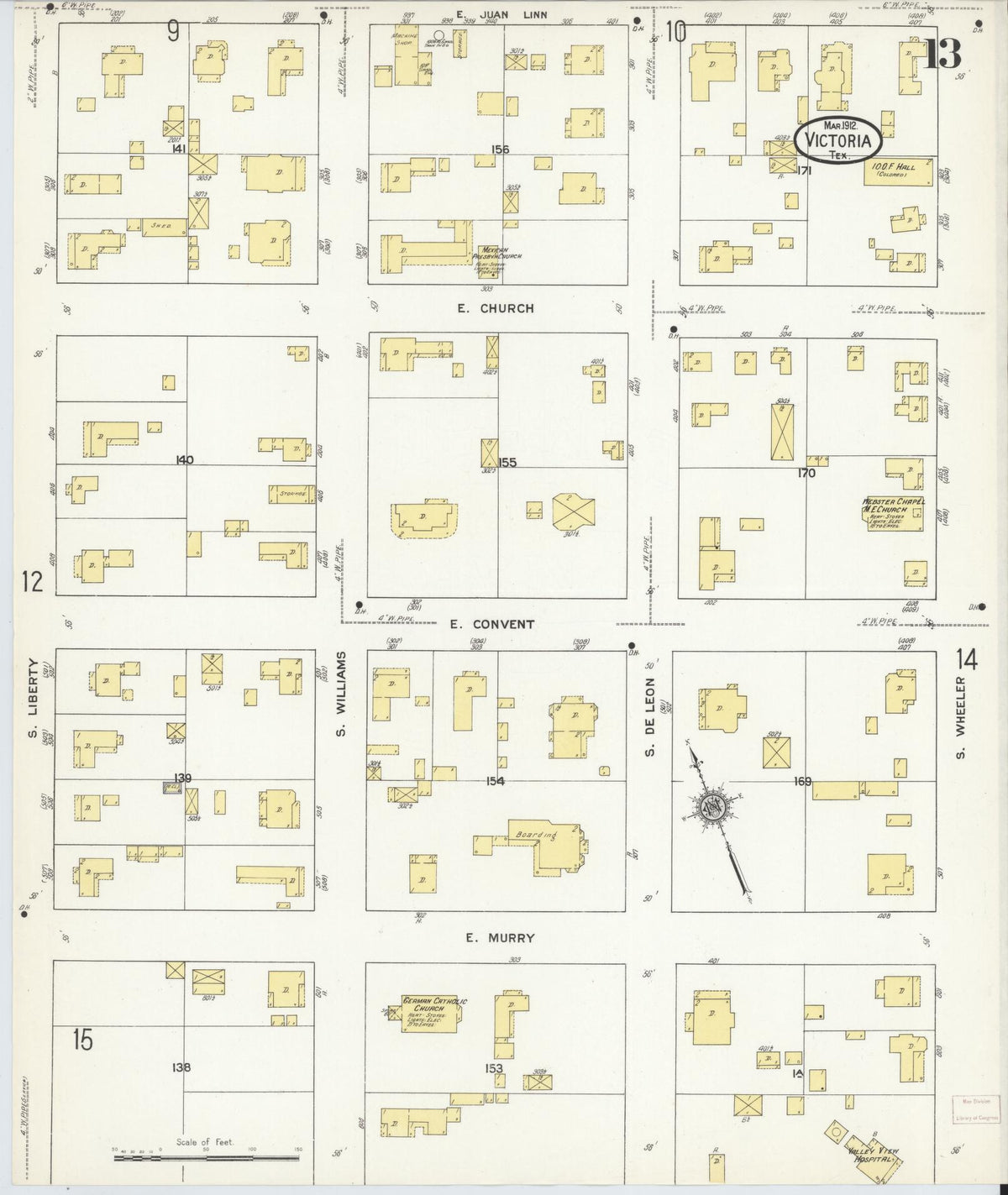Sanborn Fire Insurance Map from Victoria, Victoria County, Texas (1912), Sheet #0013 - Complete Map Set gallery image, historic Sanborn map, vintage wall art, Texas Texas