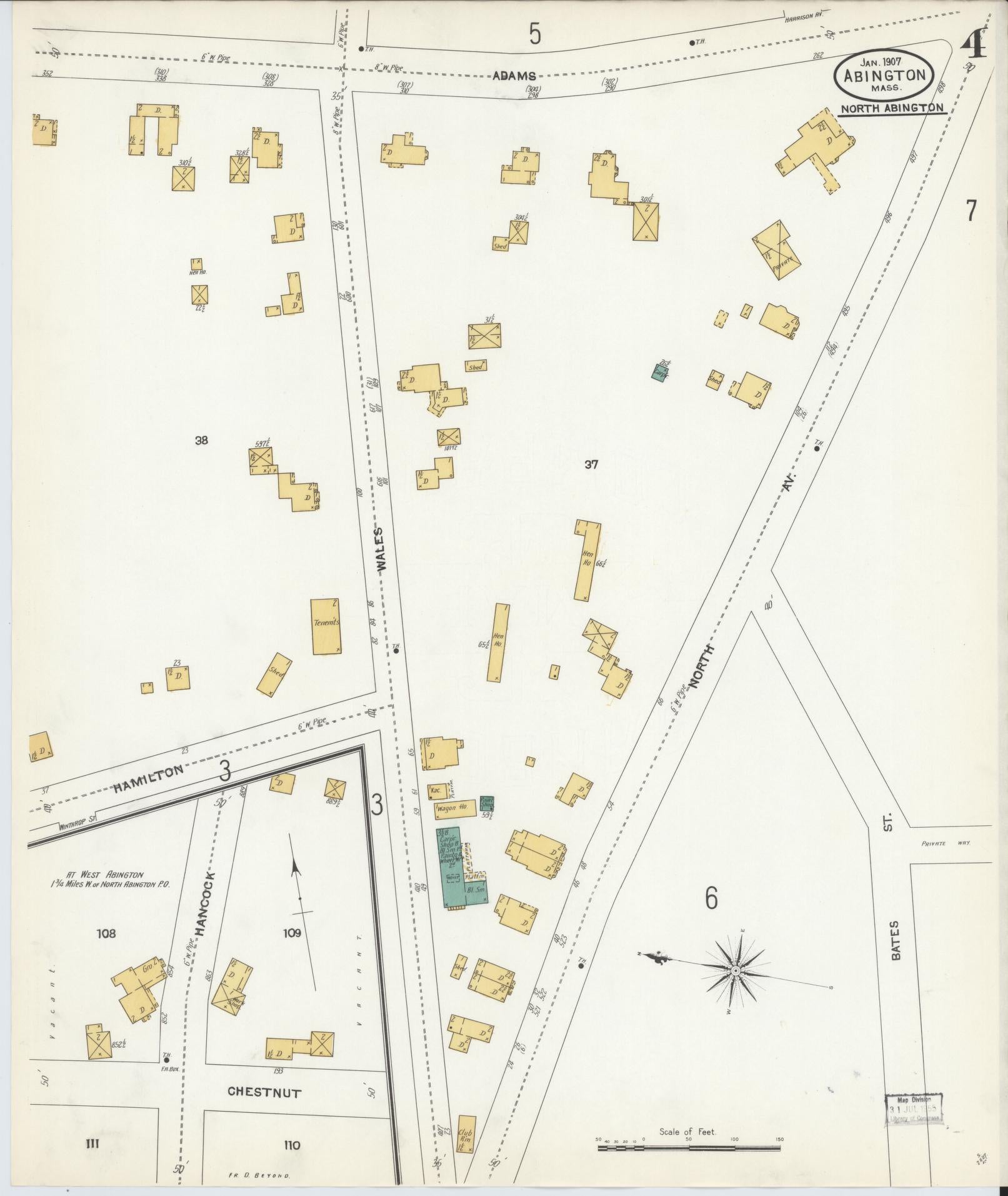 Sanborn Fire Insurance Map from Abington, Plymouth County, Massachusetts (1907), Sheet #0004 - Complete Map Set gallery image, historic Sanborn map, vintage wall art, Massachusetts Massachusetts