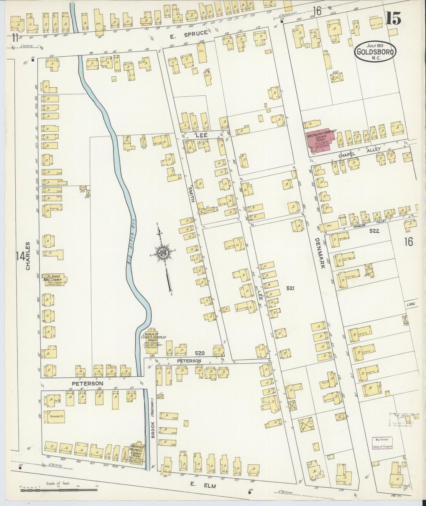 Sanborn Fire Insurance Map from Goldsboro, Wayne County, North Carolina (1913), Sheet #0015 - Complete Map Set gallery image, historic Sanborn map, vintage wall art, North Carolina North Carolina