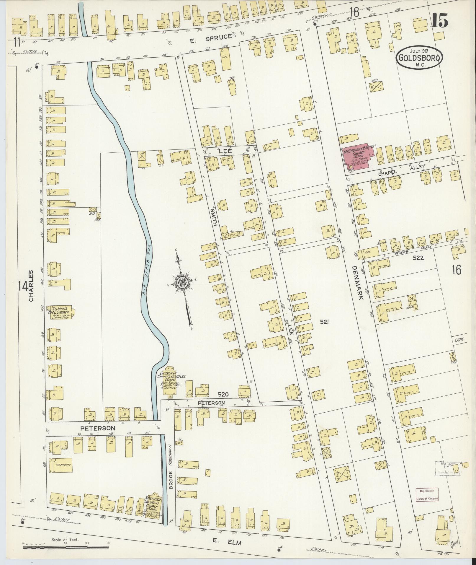 Sanborn Fire Insurance Map from Goldsboro, Wayne County, North Carolina (1913), Sheet #0015 - Complete Map Set gallery image, historic Sanborn map, vintage wall art, North Carolina North Carolina