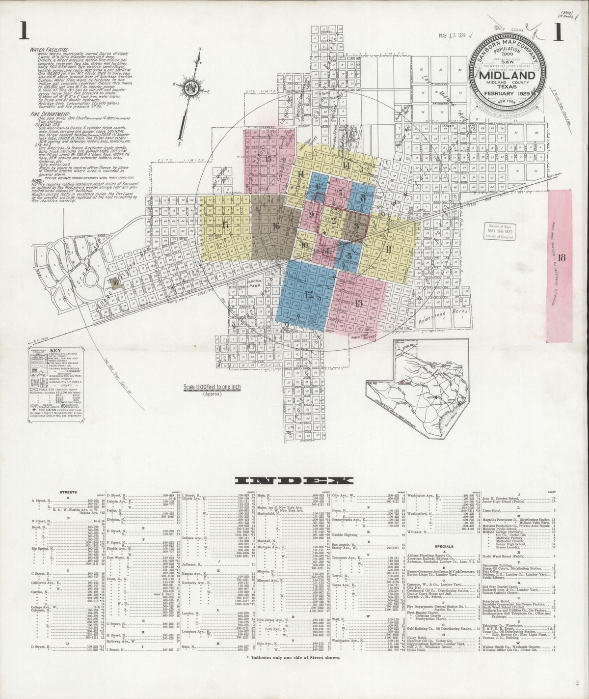 Sanborn Fire Insurance Map from Midland, Midland County, Texas (1929), Sheet #0001 - Historic Sanborn Fire Insurance Map Print, vintage old map wall art, antique decor, genealogy gift, Texas Texas map