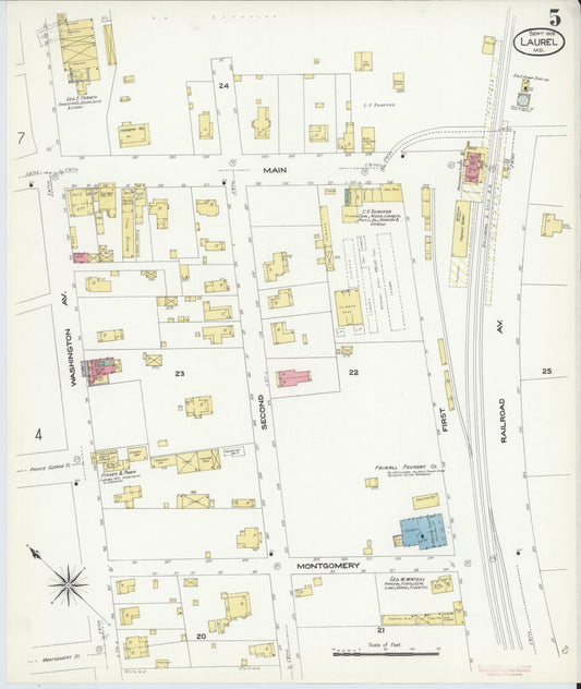 Sanborn Fire Insurance Map from Laurel, Prince Georges County, Maryland (1908), Sheet #0005 - Historic Sanborn Fire Insurance Map Print, vintage old map wall art, antique decor, genealogy gift, Maryland Maryland map