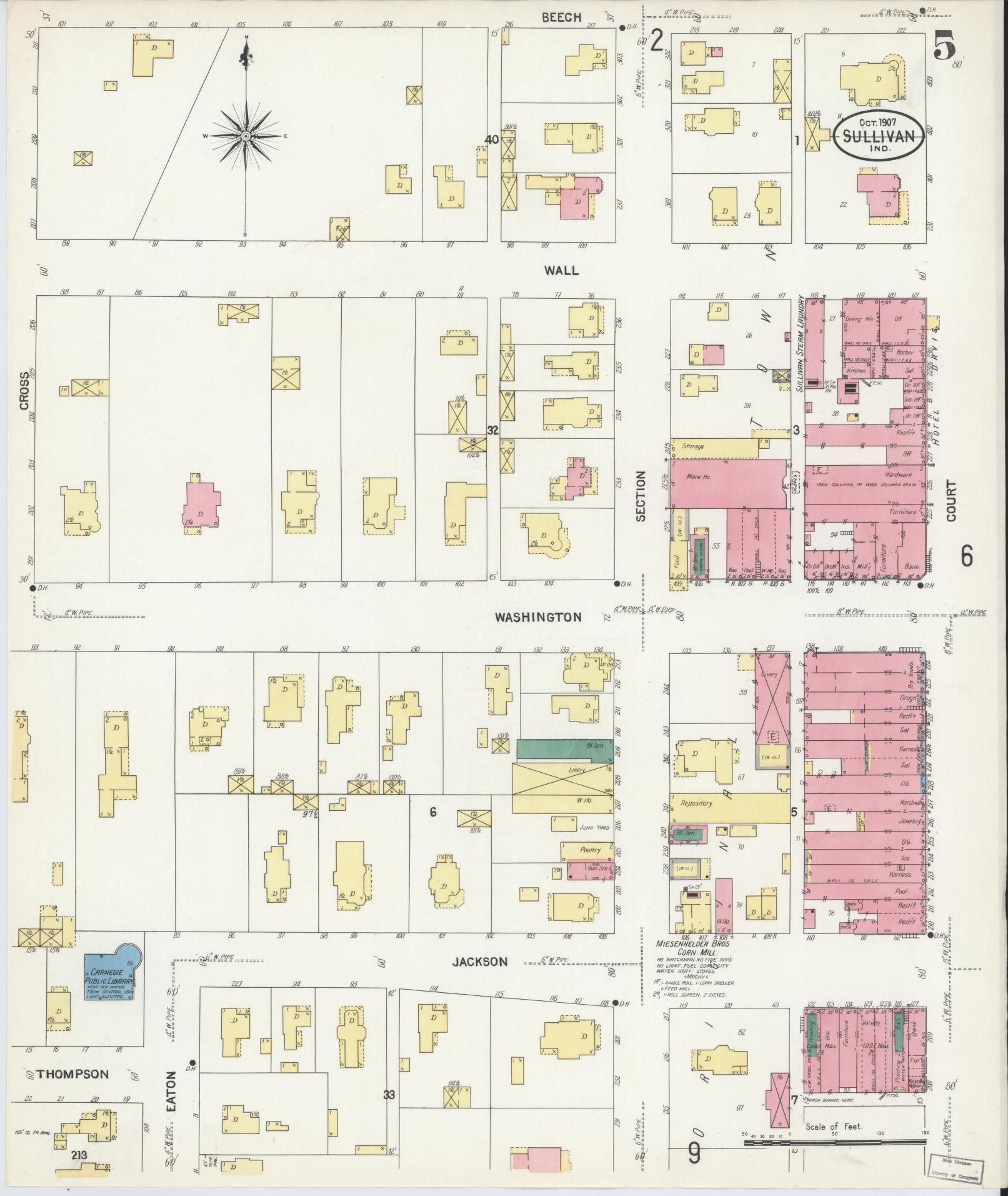 Sanborn Fire Insurance Map from Sullivan, Sullivan County, Indiana (1907), Sheet #0005 - Historic Sanborn Fire Insurance Map Print, vintage old map wall art, antique decor, genealogy gift, Indiana Indiana map