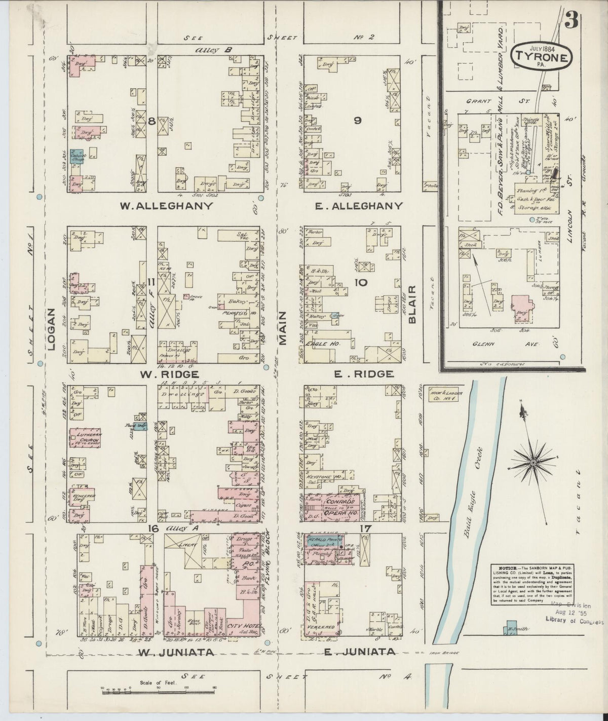 Sanborn Fire Insurance Map from Tyrone, Blair County, Pennsylvania (1884), Sheet #0003 - Historic Sanborn Fire Insurance Map Print, vintage old map wall art, antique decor, genealogy gift, Pennsylvania Pennsylvania map