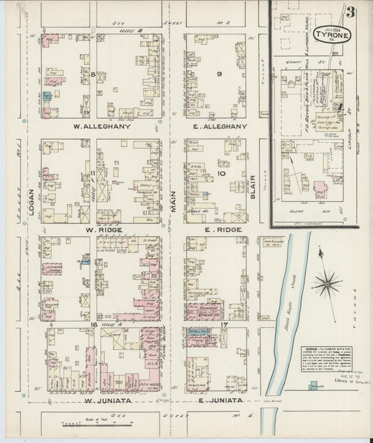 Sanborn Fire Insurance Map from Tyrone, Blair County, Pennsylvania (1884), Sheet #0003 - Historic Sanborn Fire Insurance Map Print, vintage old map wall art, antique decor, genealogy gift, Pennsylvania Pennsylvania map