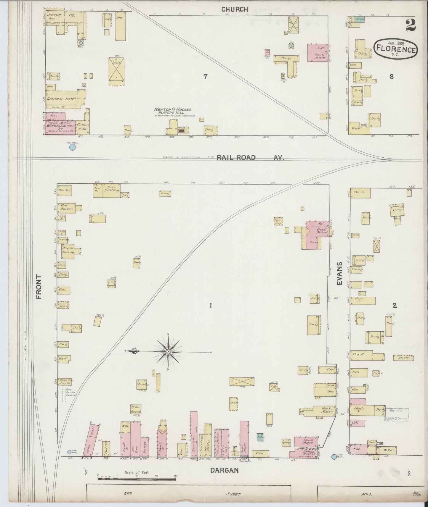 Sanborn Fire Insurance Map from Florence, Florence County, South Carolina (1888), Sheet #0002 - Complete Map Set gallery image, historic Sanborn map, vintage wall art, South Carolina South Carolina