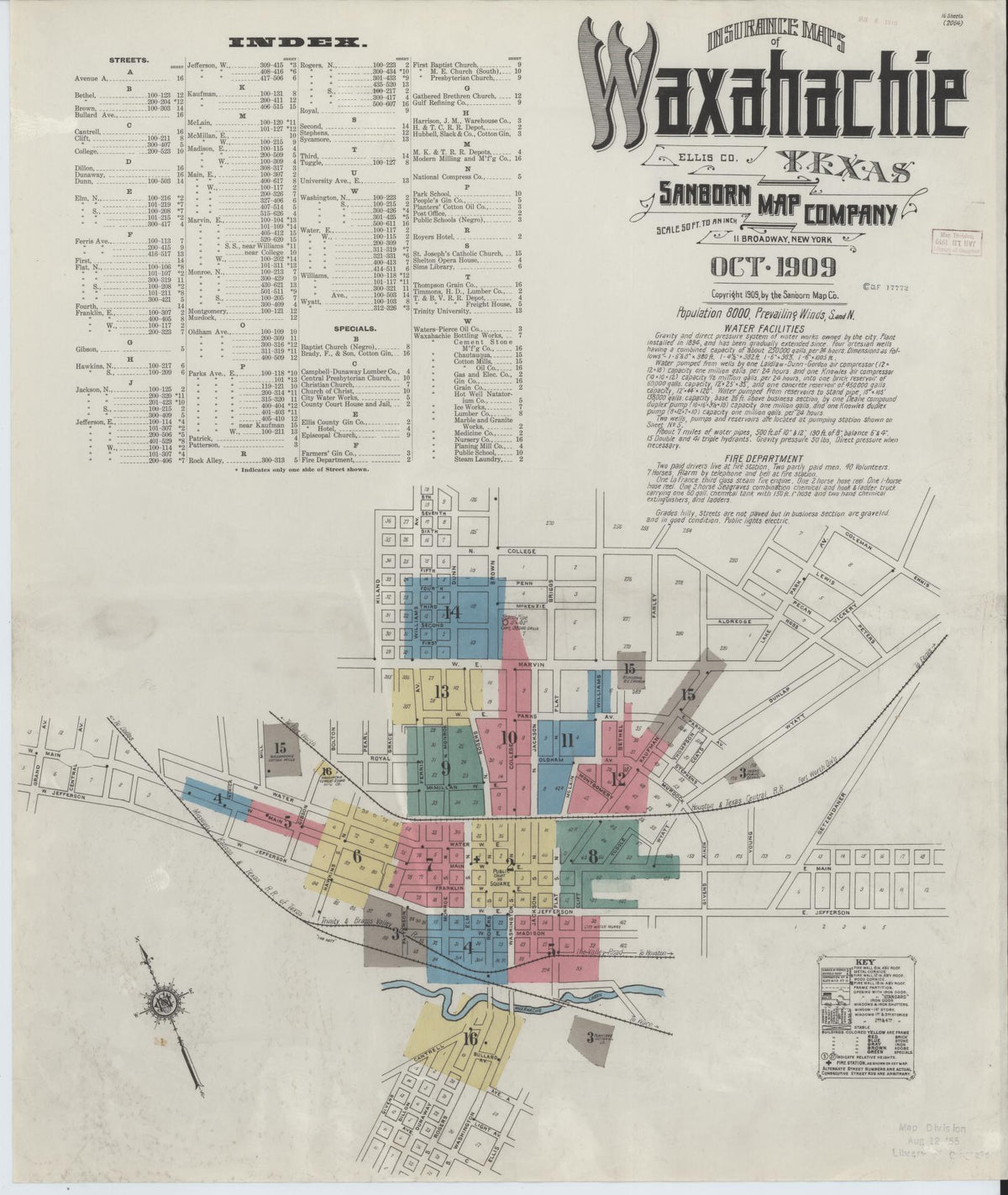 Sanborn Fire Insurance Map from Waxahachie, Ellis County, Texas (1909), Sheet #0001 - Complete Map Set gallery image, historic Sanborn map, vintage wall art, Texas Texas