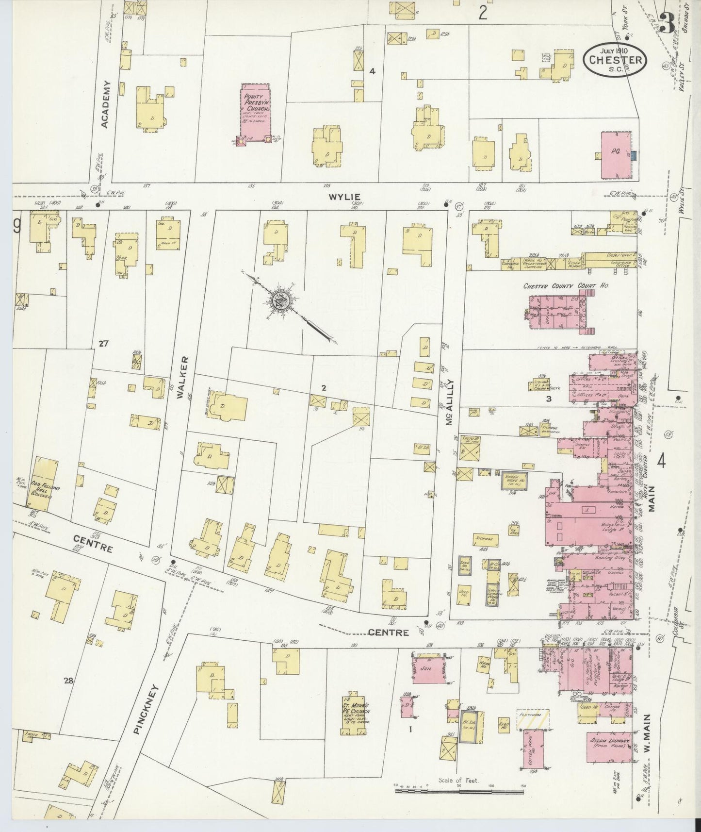 Sanborn Fire Insurance Map from Chester, Chester County, South Carolina (1910), Sheet #0003 - Historic Sanborn Fire Insurance Map Print, vintage old map wall art, antique decor, genealogy gift, South Carolina South Carolina map