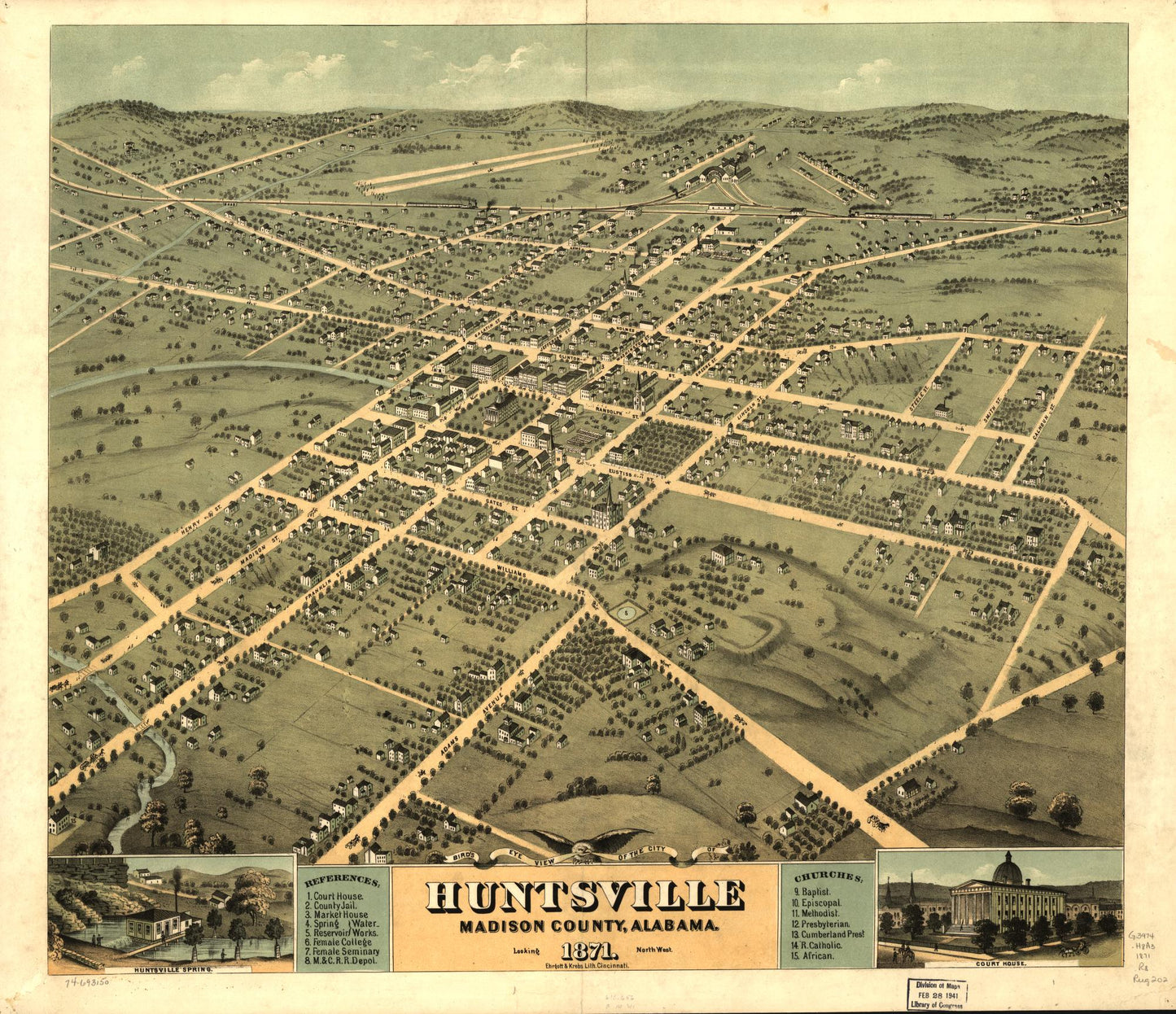 Bird's eye view of the city of Huntsville, Madison County, Alabama 1871. (1871) – Historic Bird’s-Eye View Panorama Print