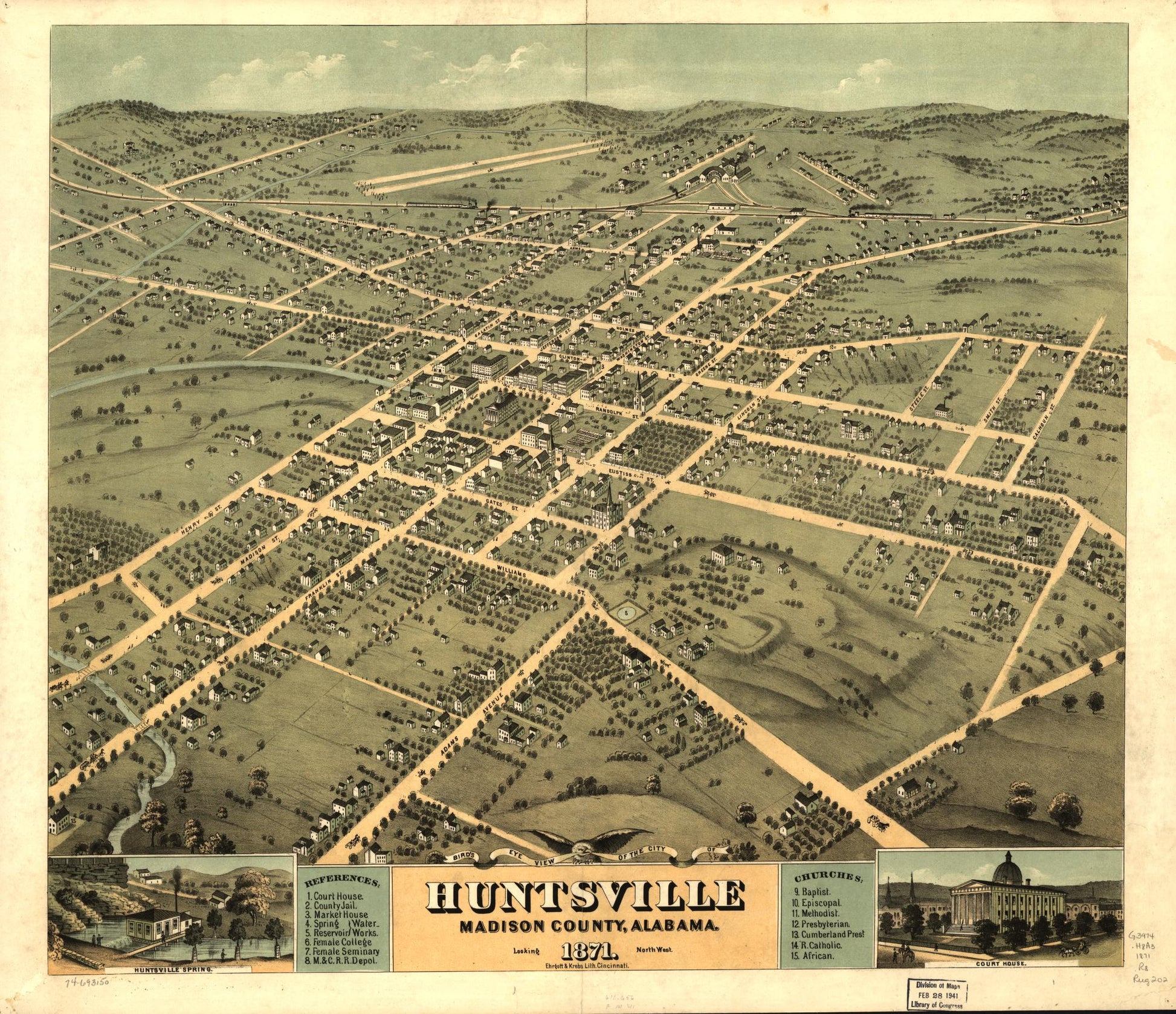 Bird's eye view of the city of Huntsville, Madison County, Alabama 1871. (1871) – Historic Bird’s-Eye View Panorama Print