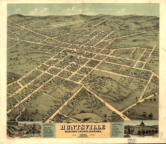 Bird's eye view of the city of Huntsville, Madison County, Alabama 1871. (1871) – Historic Bird’s-Eye View Panorama Print