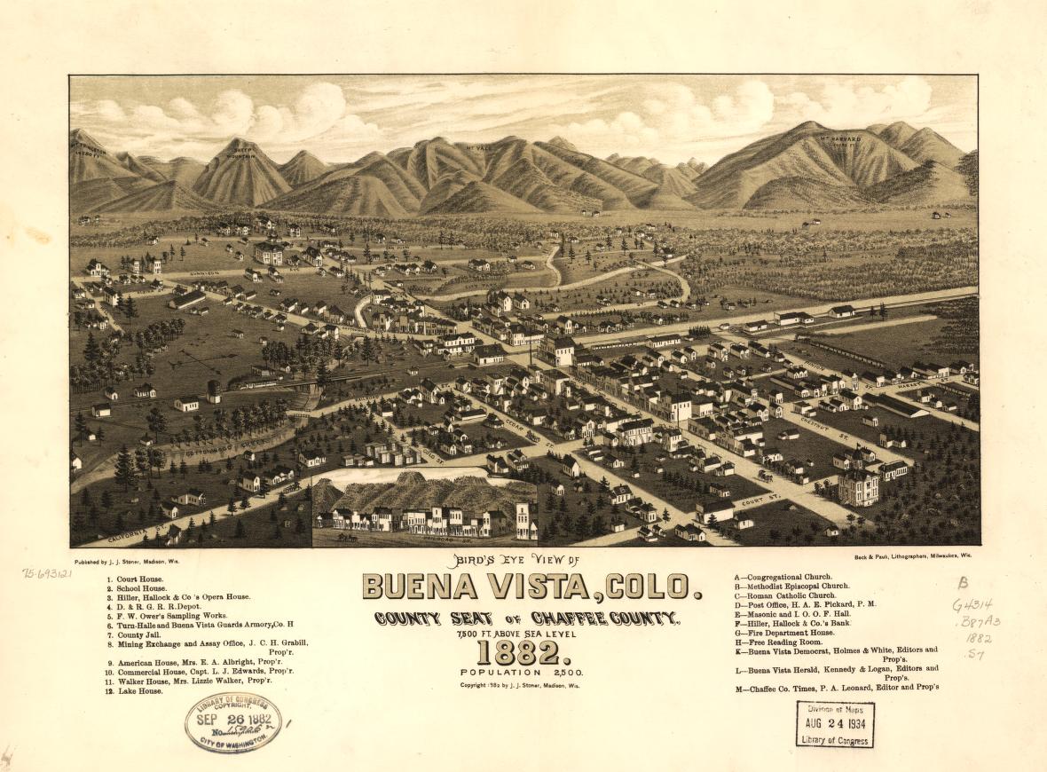 Bird's eye view of Buena Vista, Colo. county seat of Chaffee County. 1882. (1882) – Historic Bird’s-Eye View Panorama Print