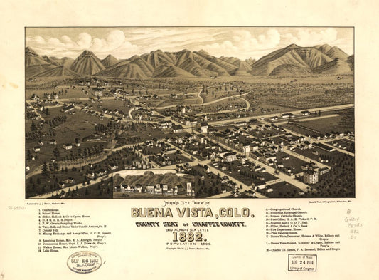 Bird's eye view of Buena Vista, Colo. county seat of Chaffee County. 1882. (1882) – Historic Bird’s-Eye View Panorama Print