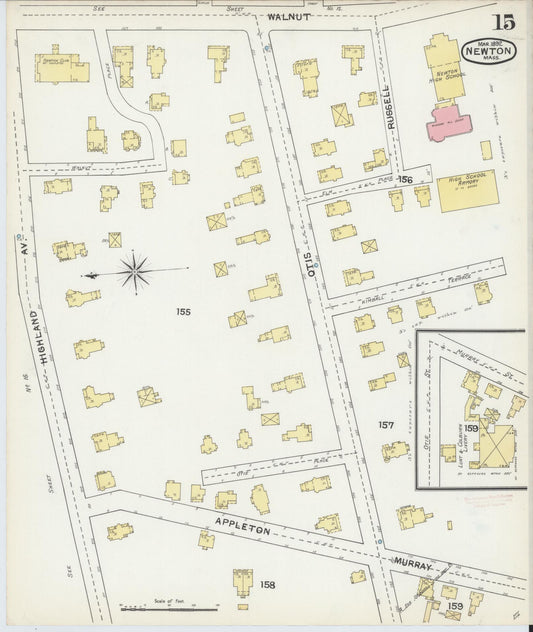 Sanborn Fire Insurance Map from Newton, Middlesex County, Massachusetts (1892), Sheet #0015 - Historic Sanborn Fire Insurance Map Print, vintage old map wall art, antique decor, genealogy gift, Massachusetts Massachusetts map