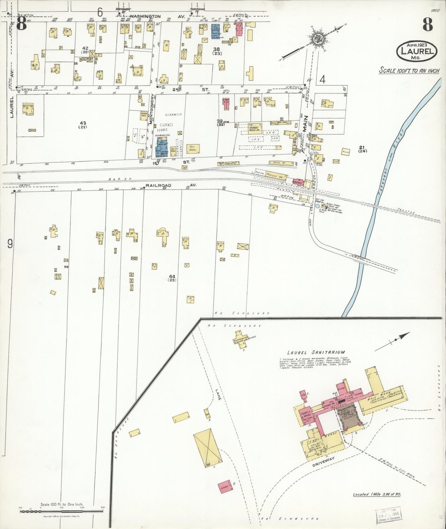 Sanborn Fire Insurance Map from Laurel, Prince Georges County, Maryland (1923), Sheet #0008 - Historic Sanborn Fire Insurance Map Print, vintage old map wall art
