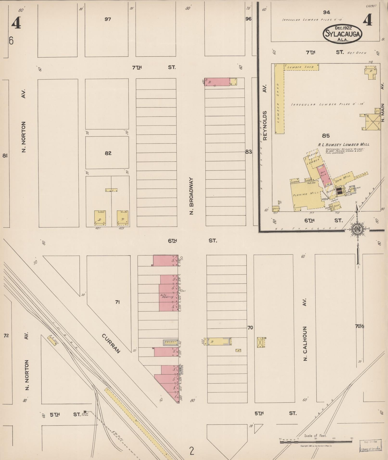 Sanborn Fire Insurance Map from Sylacauga, Talladega County, Alabama (1922), Sheet #0004 - Complete Map Set gallery image, historic Sanborn map, vintage wall art, Alabama Alabama