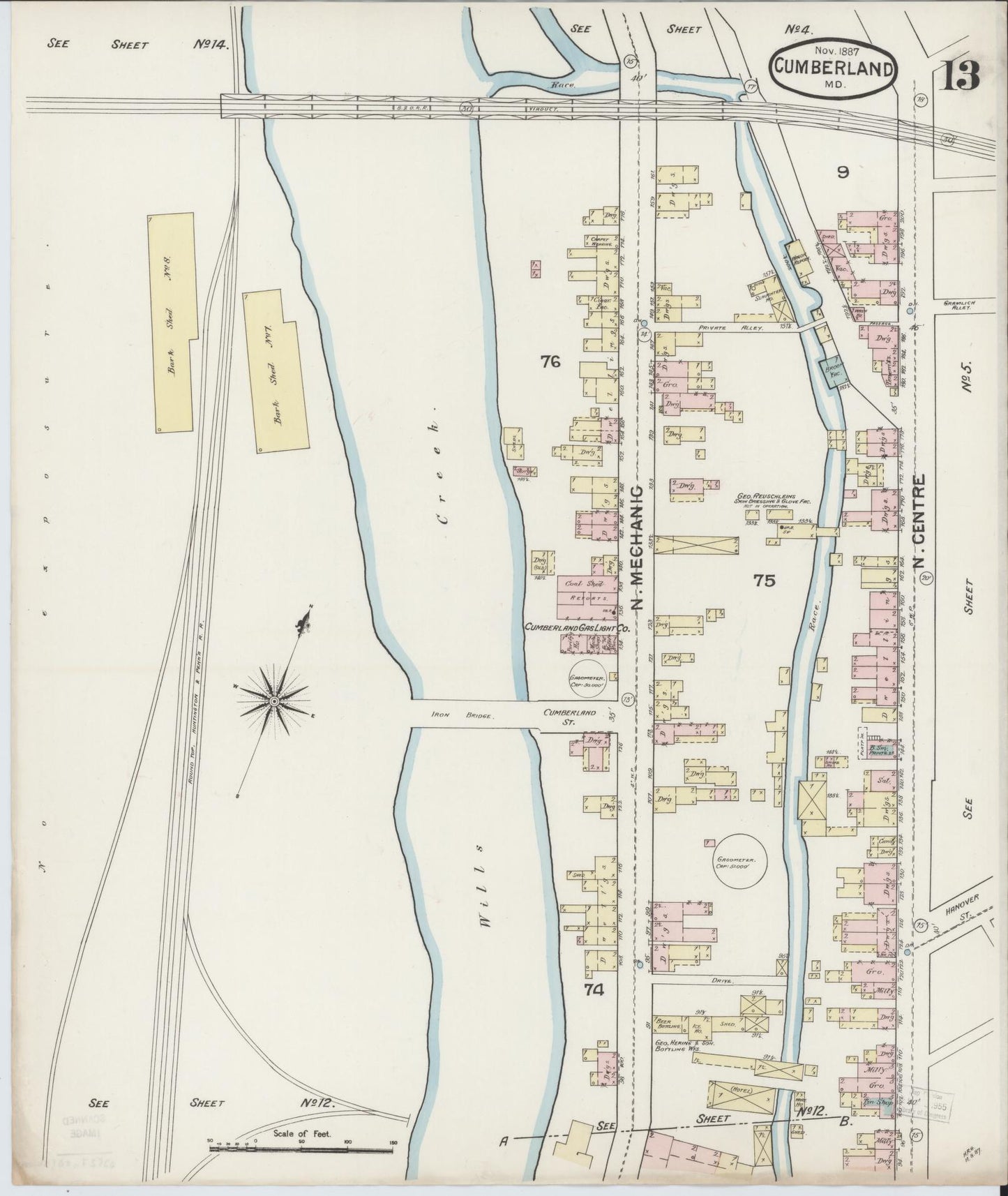 Sanborn Fire Insurance Map from Cumberland, Allegany County, Maryland (1887), Sheet #0013 - Historic Sanborn Fire Insurance Map Print, vintage old map wall art, antique decor, genealogy gift, Maryland Maryland map
