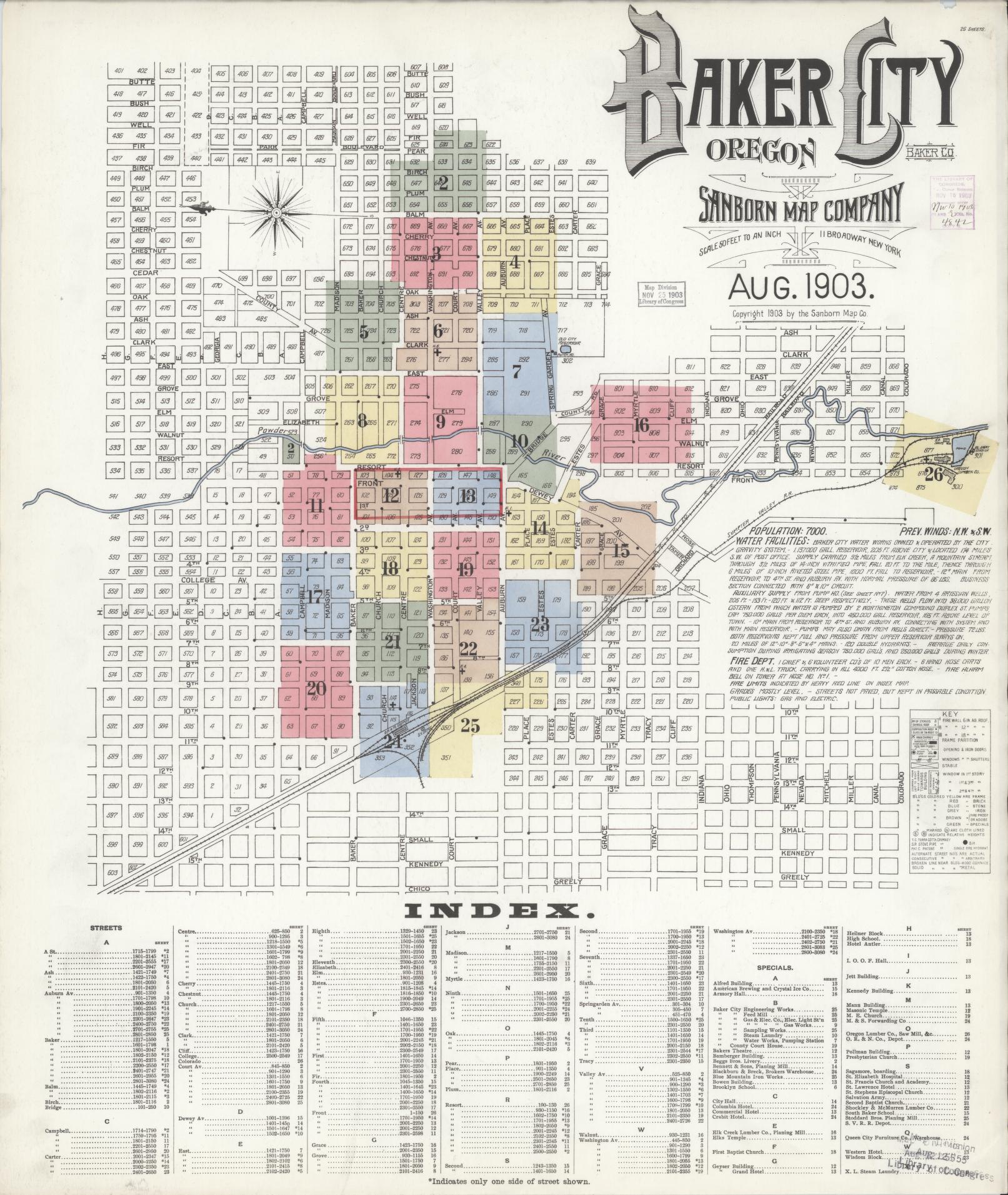 Sanborn Fire Insurance Map from Baker, Baker County, Oregon (1903), Sheet #0001 - Historic Sanborn Fire Insurance Map Print, vintage old map wall art, antique decor, genealogy gift, Oregon Oregon map
