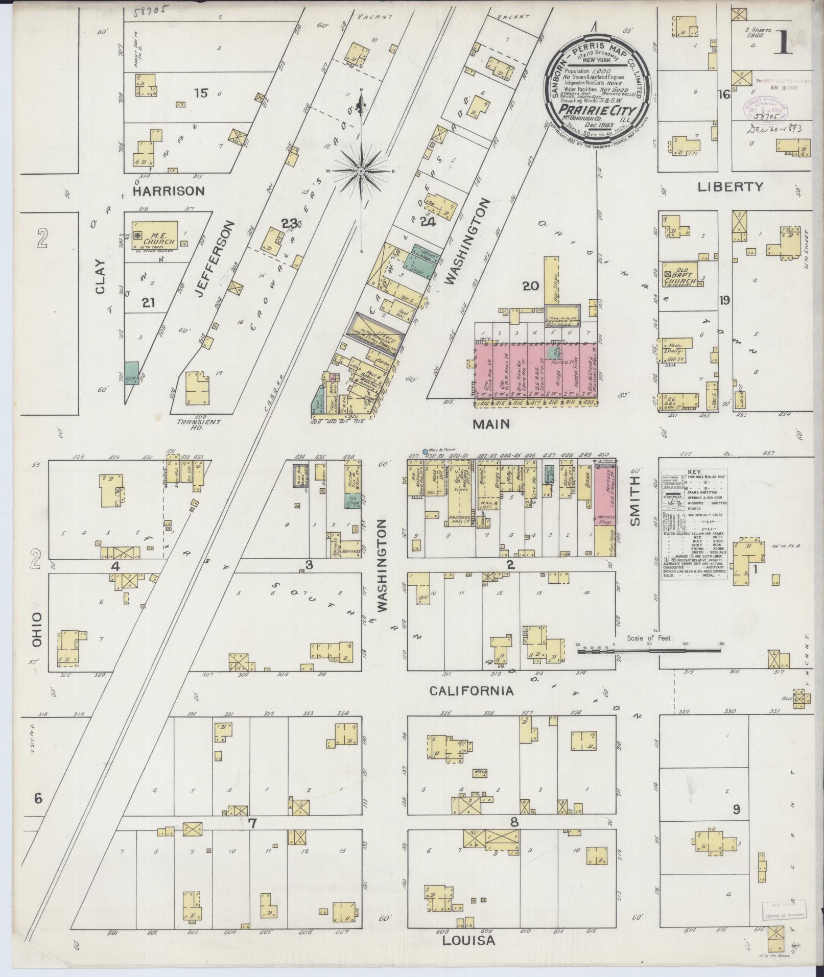 Sanborn Fire Insurance Map from Prairie City, Mcdonough County, Illinois (1893), Sheet #0001 - Complete Map Set gallery image, historic Sanborn map, vintage wall art, Illinois Illinois