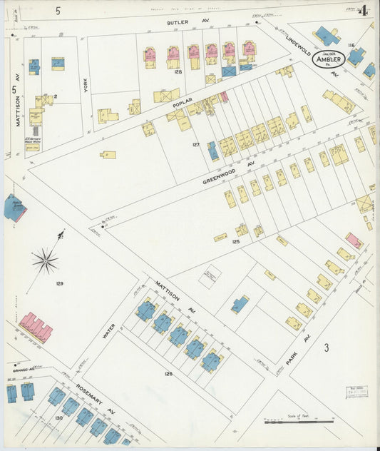 Sanborn Fire Insurance Map from Ambler, Montgomery County, Pennsylvania (1909), Sheet #0004 - Historic Sanborn Fire Insurance Map Print, vintage old map wall art, antique decor, genealogy gift, Pennsylvania Pennsylvania map