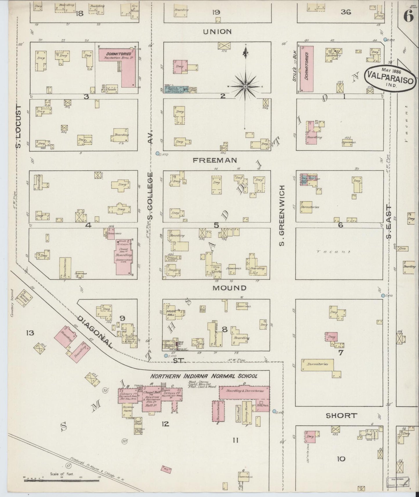 Sanborn Fire Insurance Map from Valparaiso, Porter County, Indiana (1886), Sheet #0006 - Complete Map Set gallery image, historic Sanborn map, vintage wall art, Indiana Indiana