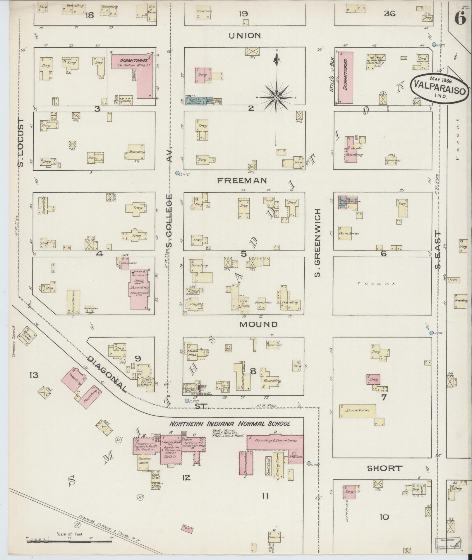 Sanborn Fire Insurance Map from Valparaiso, Porter County, Indiana (1886), Sheet #0006 - Complete Map Set gallery image, historic Sanborn map, vintage wall art, Indiana Indiana
