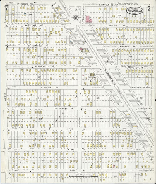 Sanborn Fire Insurance Map from Birmingham, Oakland County, Michigan (1926), Sheet #0007 - Historic Sanborn Fire Insurance Map Print, vintage old map wall art, antique decor, genealogy gift, Michigan Michigan map
