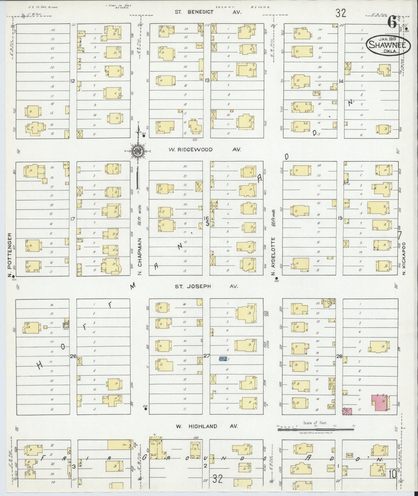 Sanborn Fire Insurance Map from Shawnee, Pottawatomie County, Oklahoma (1919), Sheet #0006 - Complete Map Set gallery image, historic Sanborn map, vintage wall art, Oklahoma Oklahoma