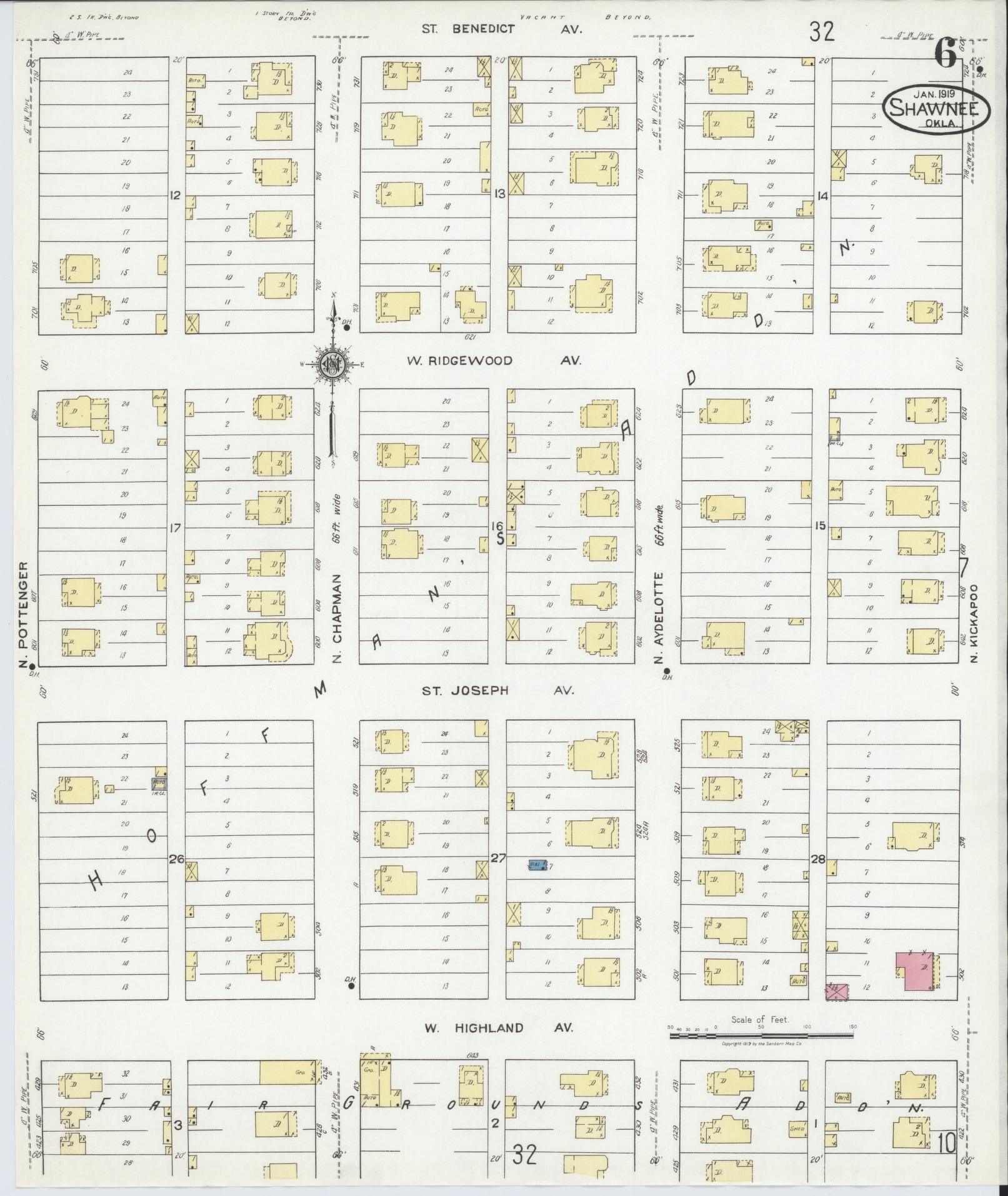 Sanborn Fire Insurance Map from Shawnee, Pottawatomie County, Oklahoma (1919), Sheet #0006 - Complete Map Set gallery image, historic Sanborn map, vintage wall art, Oklahoma Oklahoma