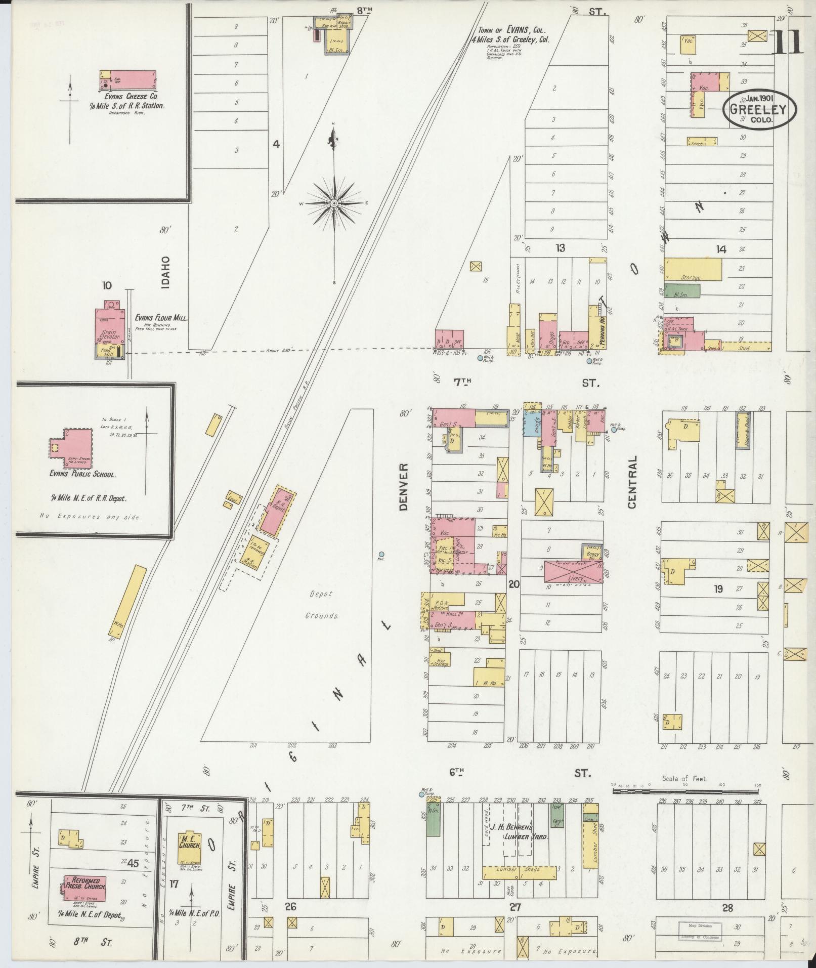 Sanborn Fire Insurance Map from Greeley, Weld County, Colorado (1901), Sheet #0011 - Historic Sanborn Fire Insurance Map Print, vintage old map wall art, antique decor, genealogy gift, Colorado Colorado map