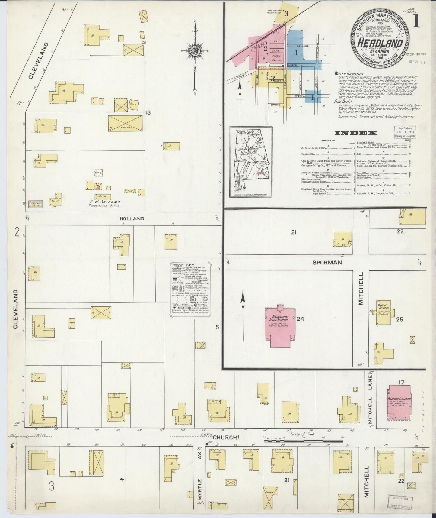 Sanborn Fire Insurance Map from Headland, Henry County, Alabama (1916), Sheet #0001 - Complete Map Set gallery image, historic Sanborn map, vintage wall art, Alabama Alabama