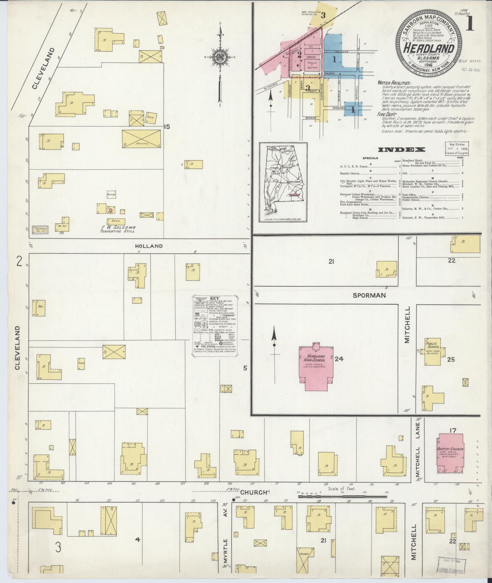 Sanborn Fire Insurance Map from Headland, Henry County, Alabama (1916), Sheet #0001 - Complete Map Set gallery image, historic Sanborn map, vintage wall art, Alabama Alabama