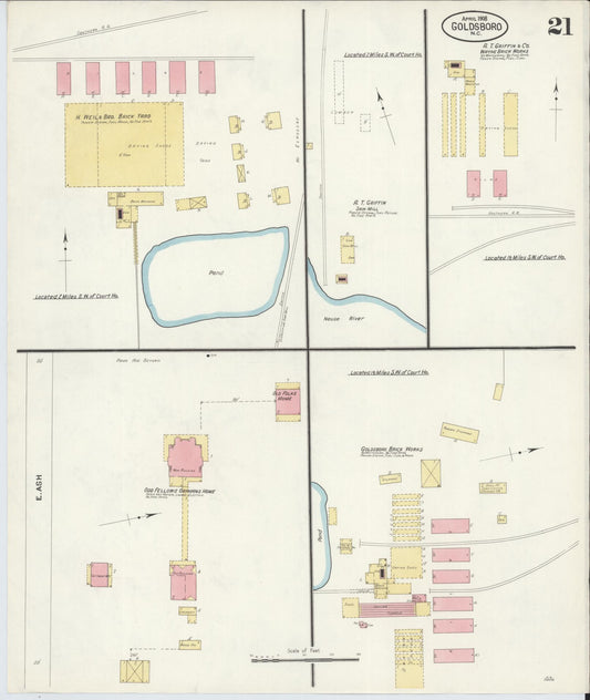 Sanborn Fire Insurance Map from Goldsboro, Wayne County, North Carolina (1908), Sheet #0021 - Historic Sanborn Fire Insurance Map Print, vintage old map wall art, antique decor, genealogy gift, North Carolina North Carolina map