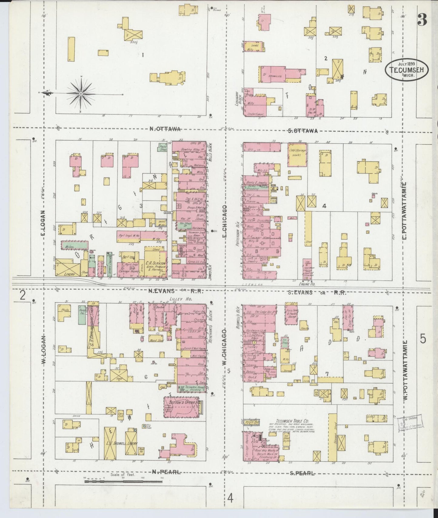 Sanborn Fire Insurance Map from Tecumseh, Lenawee County, Michigan (1899), Sheet #0003 - Complete Map Set gallery image, historic Sanborn map, vintage wall art, Michigan Michigan