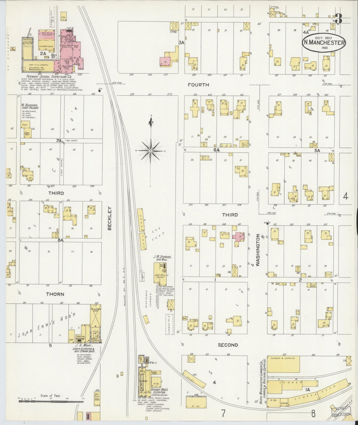 Sanborn Fire Insurance Map from North Manchester, Wabash County, Indiana (1907), Sheet #0003 - Complete Map Set gallery image, historic Sanborn map, vintage wall art, Indiana Indiana