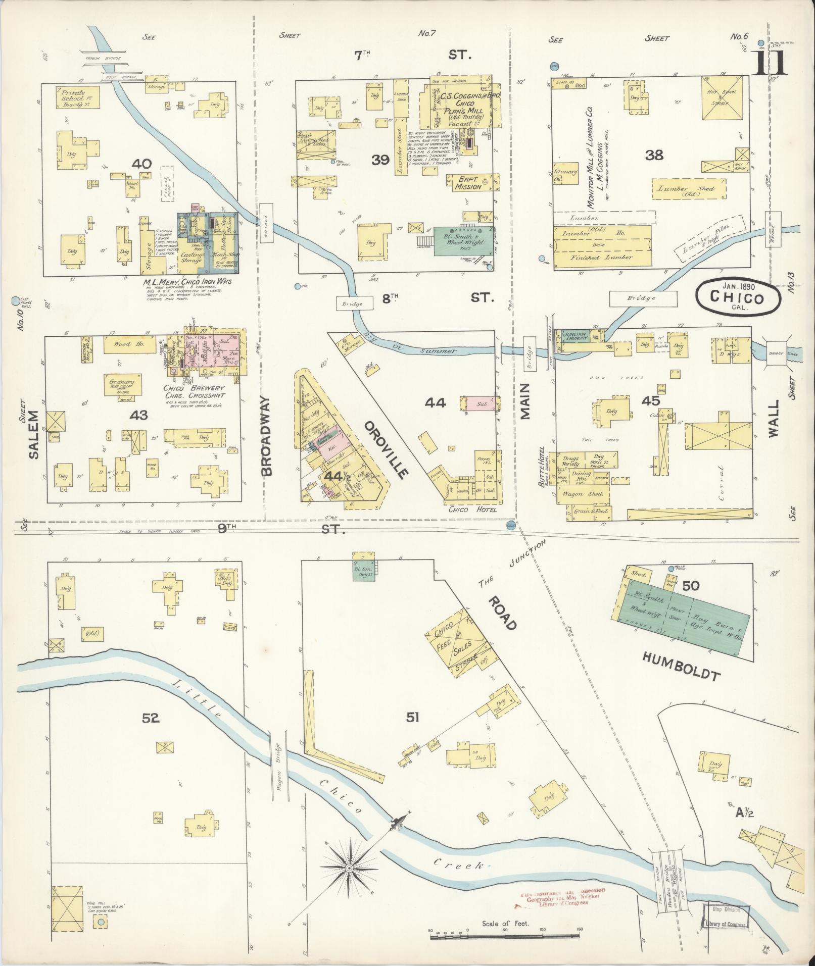 Sanborn Fire Insurance Map from Chico, Butte County, California (1890), Sheet #0011 - Complete Map Set gallery image, historic Sanborn map, vintage wall art, California California