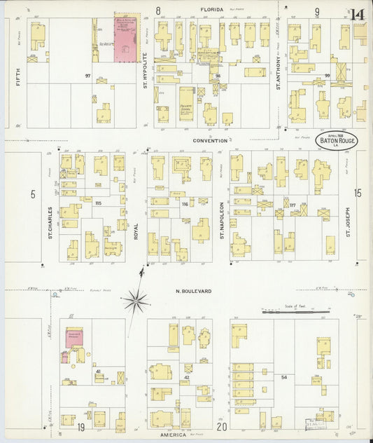 Sanborn Fire Insurance Map from Baton Rouge, East Baton Rouge Parish, Louisiana (1908), Sheet #0014 - Historic Sanborn Fire Insurance Map Print, vintage old map wall art, antique decor, genealogy gift, Louisiana Louisiana map