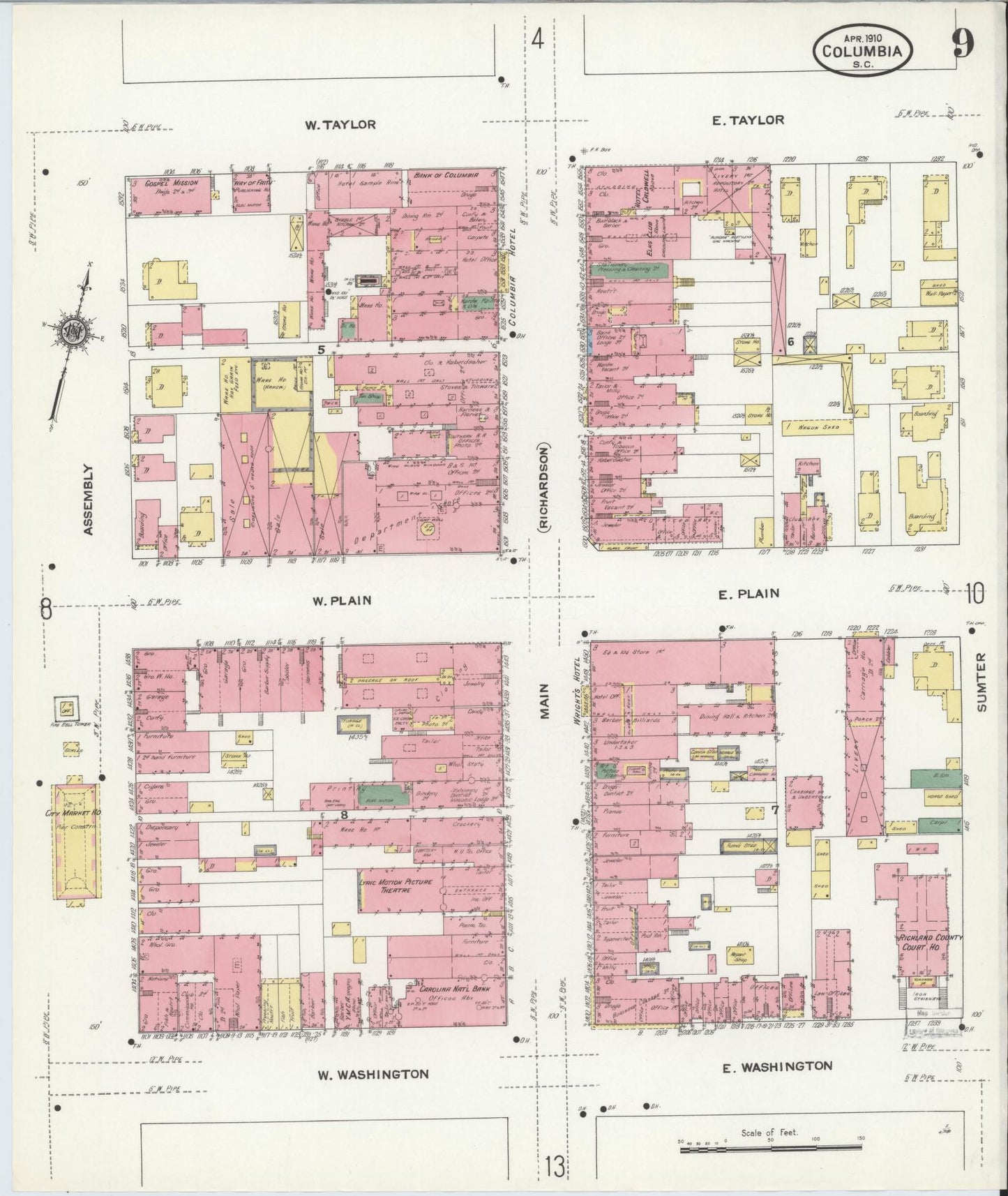 Sanborn Fire Insurance Map from Columbia, Richland County, South Carolina (1910), Sheet #0009 - Complete Map Set gallery image, historic Sanborn map, vintage wall art, South Carolina South Carolina