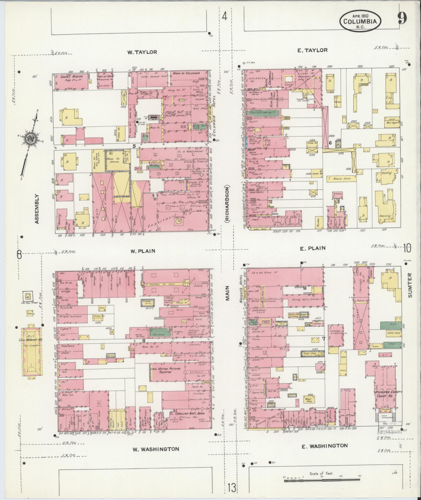 Sanborn Fire Insurance Map from Columbia, Richland County, South Carolina (1910), Sheet #0009 - Complete Map Set gallery image, historic Sanborn map, vintage wall art, South Carolina South Carolina