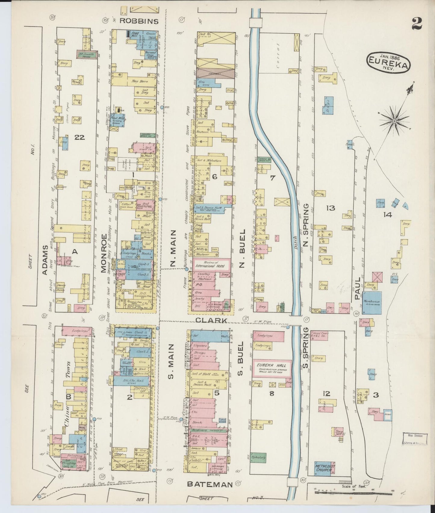 Sanborn Fire Insurance Map from Eureka, Eureka County, Nevada (1886), Sheet #0002 - Historic Sanborn Fire Insurance Map Print, vintage old map wall art, antique decor, genealogy gift, Nevada Nevada map