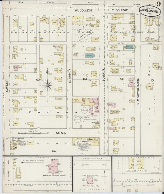 Sanborn Fire Insurance Map from Jacksonville, Morgan County, Illinois (1887), Sheet #0009 - Historic Sanborn Fire Insurance Map Print, vintage old map wall art, antique decor, genealogy gift, Illinois Illinois map