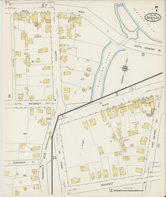 Sanborn Fire Insurance Map from Babylon, Suffolk County, New York (1915), Sheet #0007 - Historic Sanborn Fire Insurance Map Print, vintage old map wall art, antique decor, genealogy gift, New York New York map