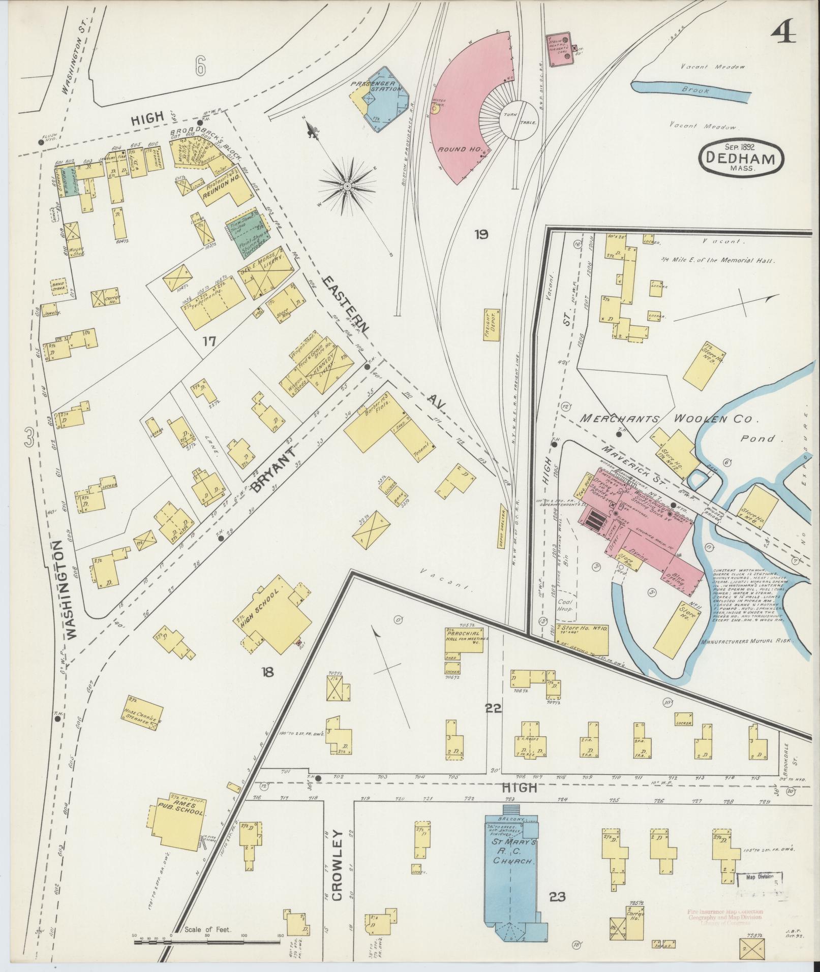 Sanborn Fire Insurance Map from Dedham, Norfolk County, Massachusetts (1892), Sheet #0004 - Complete Map Set gallery image, historic Sanborn map, vintage wall art, Massachusetts Massachusetts