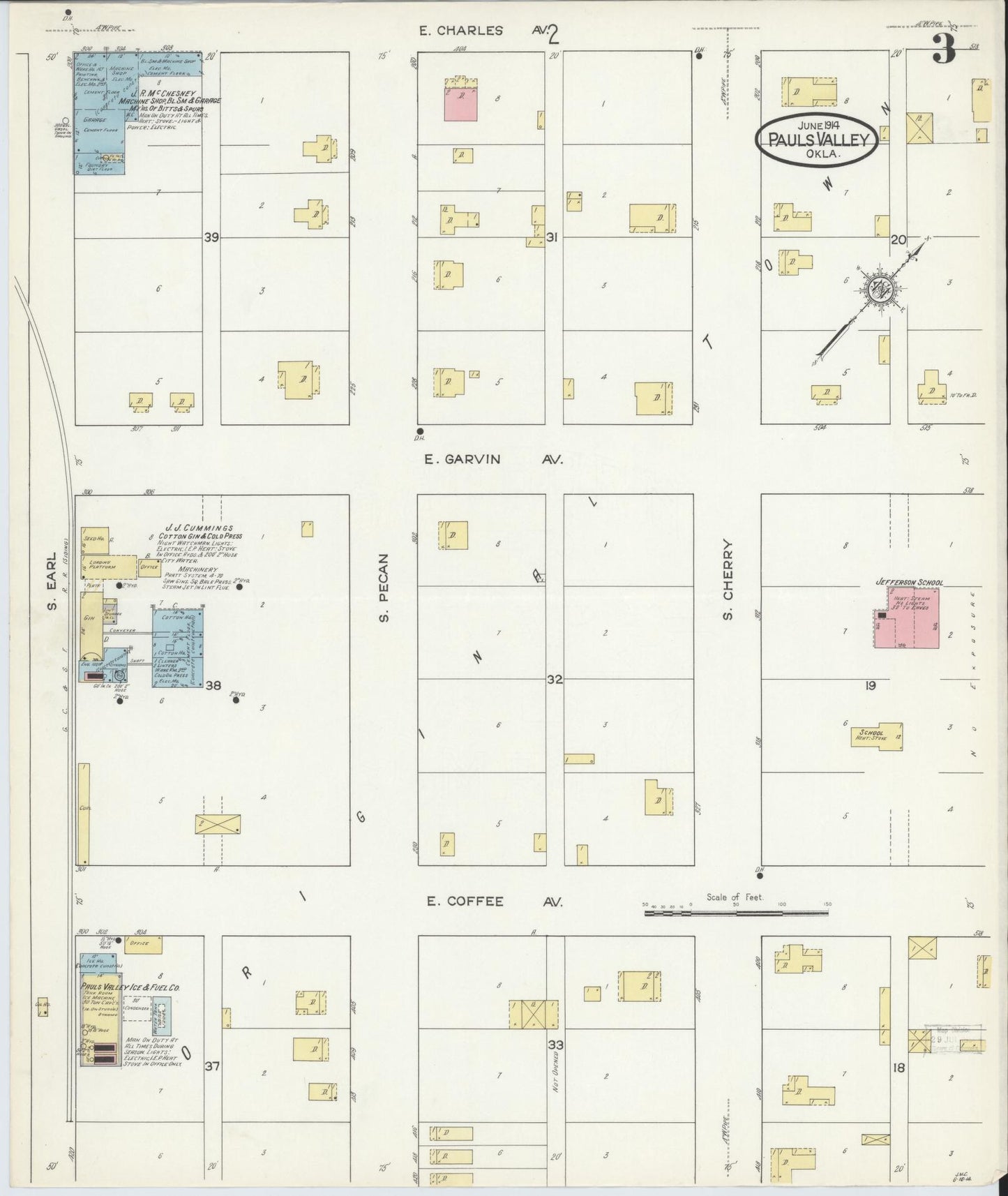 Sanborn Fire Insurance Map from Pauls Valley, Garvin County, Oklahoma (1914), Sheet #0003 - Complete Map Set gallery image, historic Sanborn map, vintage wall art, Oklahoma Oklahoma